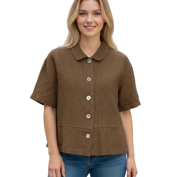 Vintage Clio Flax Button Up Shirt S Brown Peter Pan Collar Boxy Fall Cottagecore - Picture 2 of 7